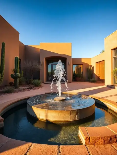 A serene courtyard featuring a central fountain, surrounded by cacti and modern architecture under a clear blue sky
